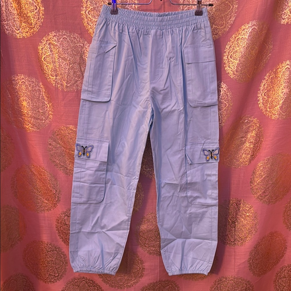 Zemeta Light Blue Cargo Pants with Butterfly Embroidery